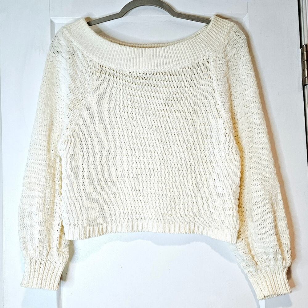L’Academie Cream Cropped Knit Sweater Off Shoulder Boat Neck Balloon Sleeve S
